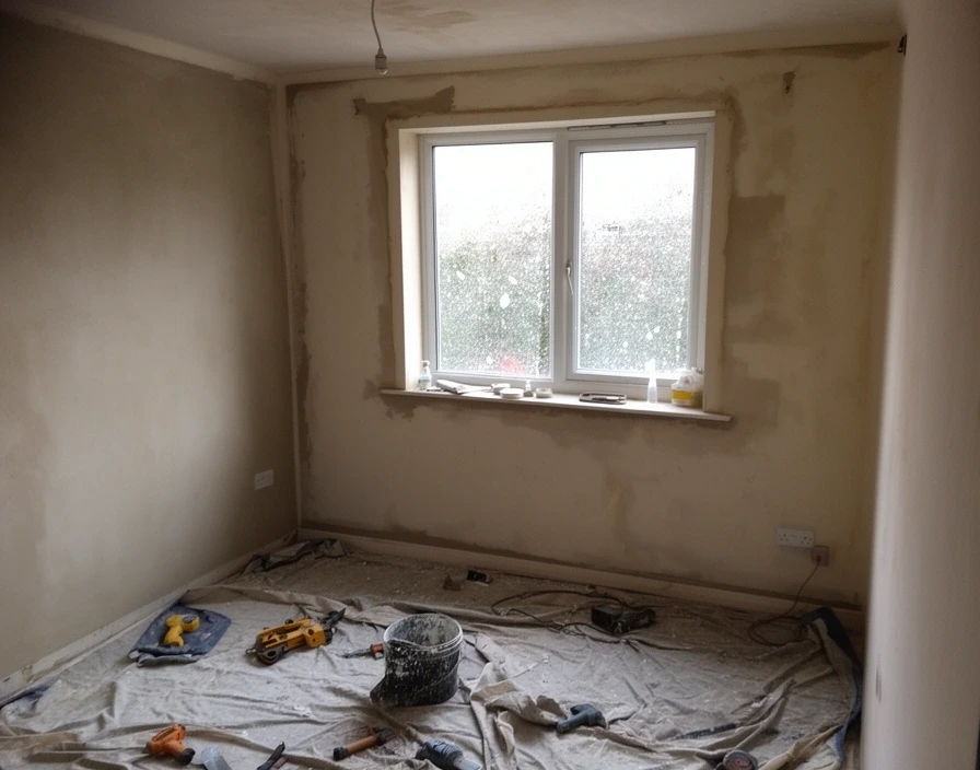 Half finished plastering work in a domestic room