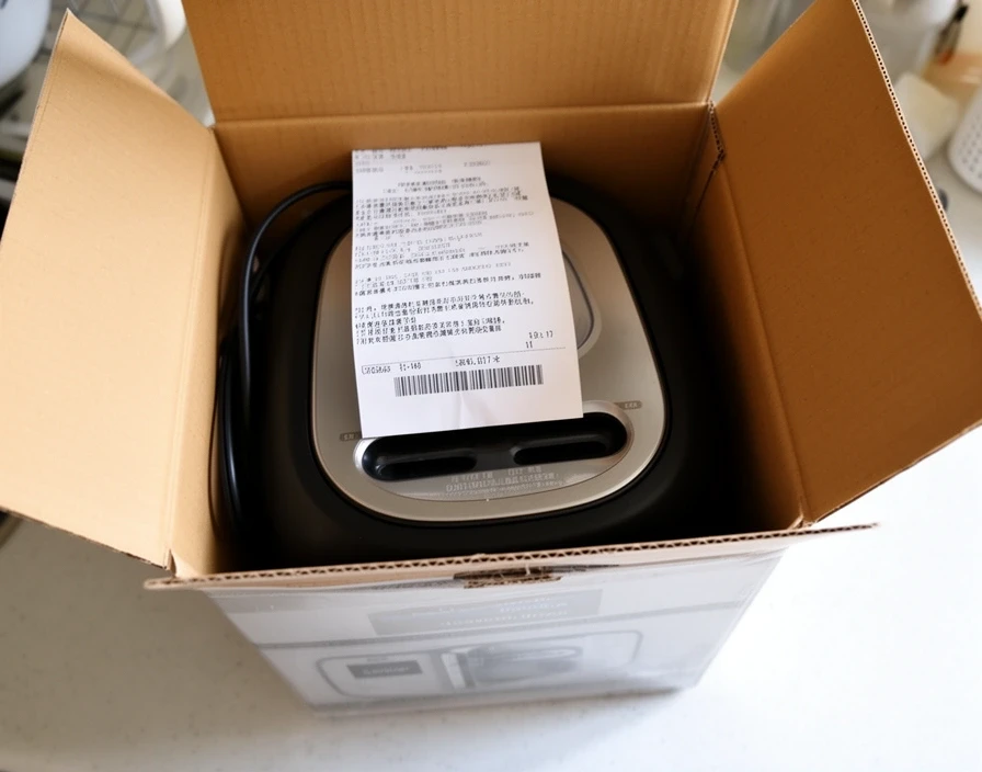A returned appliance in its box with the original receipt on top