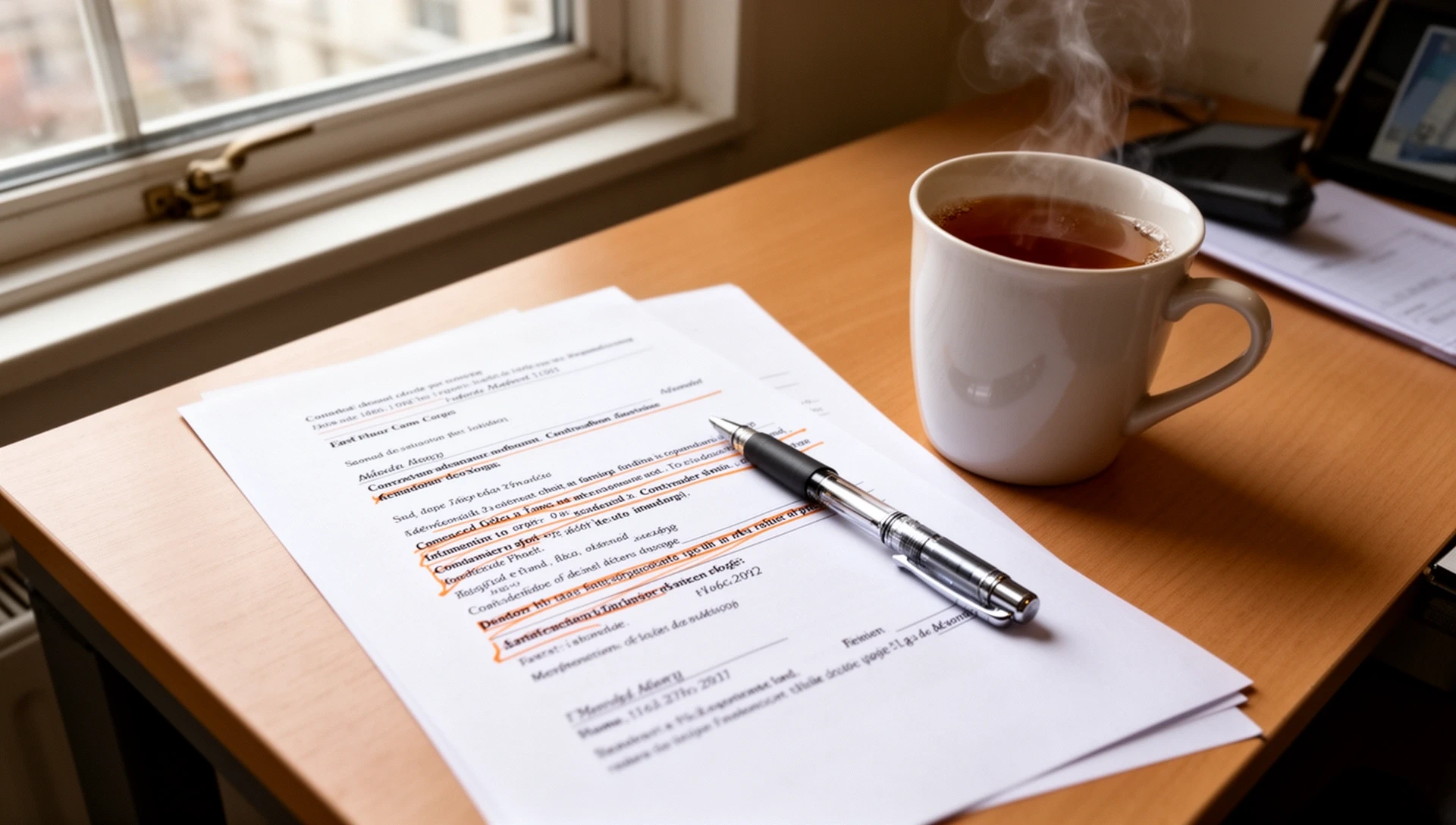 Desk with a printed agreement, a pen and a mug of tea