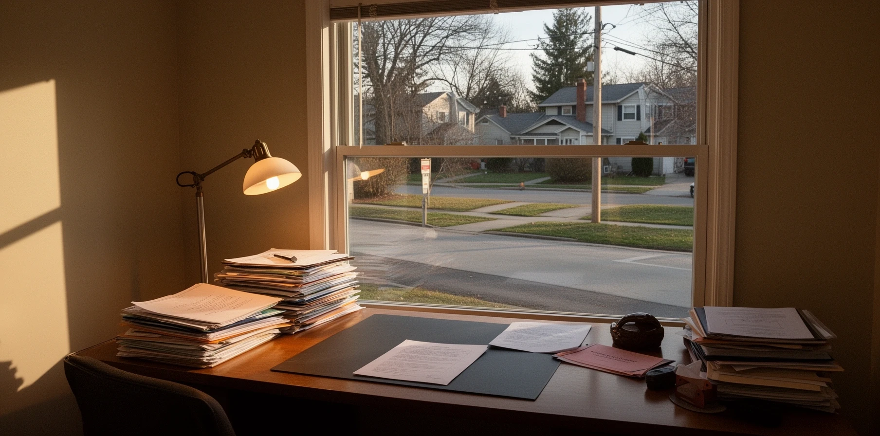 A small first floor office desk with files, a lamp and a window onto the street