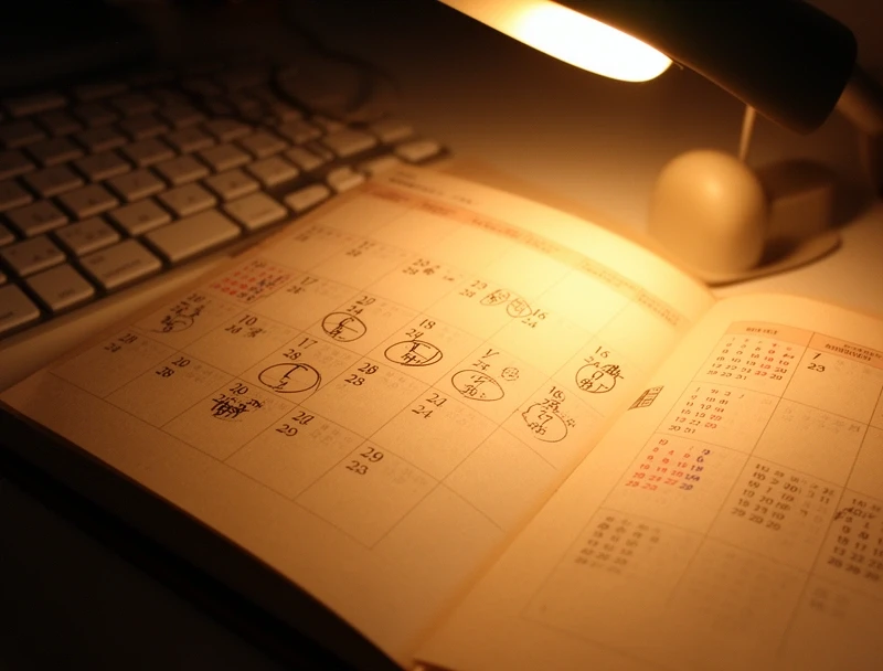 A paper diary open beside a keyboard with dates marked