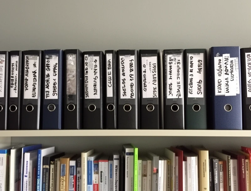 Shelf of ring binders with handwritten spine labels